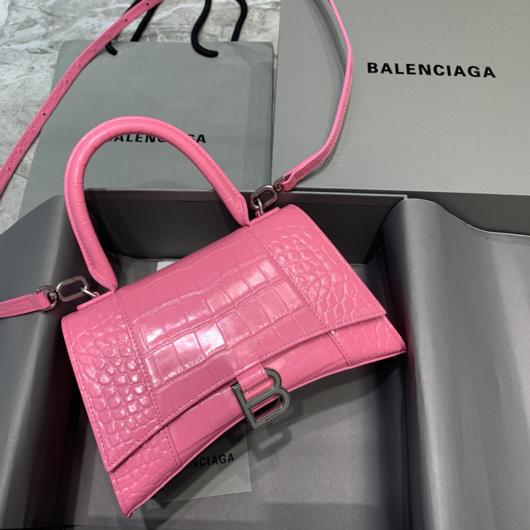 Balenciaga Hourglass Small Handbag Crocodile Embossed Shoulder Bag Peach